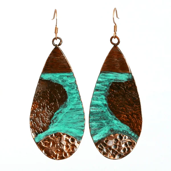 copper long earrings with Half Round Metal Application - Image 2