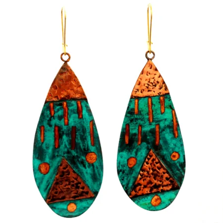 boho tribal earrings, unique pieces with green turquoise patina