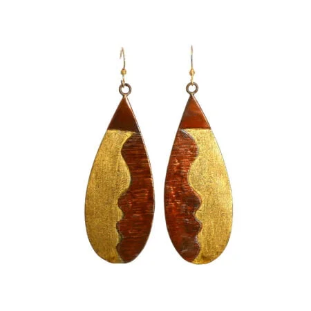 Long drop bronze earrings handcrafted from reclaimed bronze with a layered copper inlay, hand-textured bronze, and a fire patina finish.