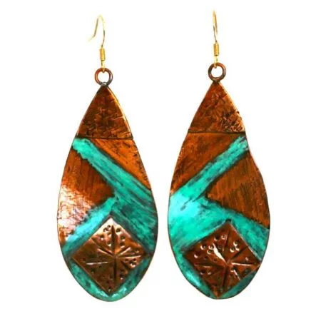Copper dangle earrings handcrafted from reclaimed copper with layered rhombus details and a blue patina finish.