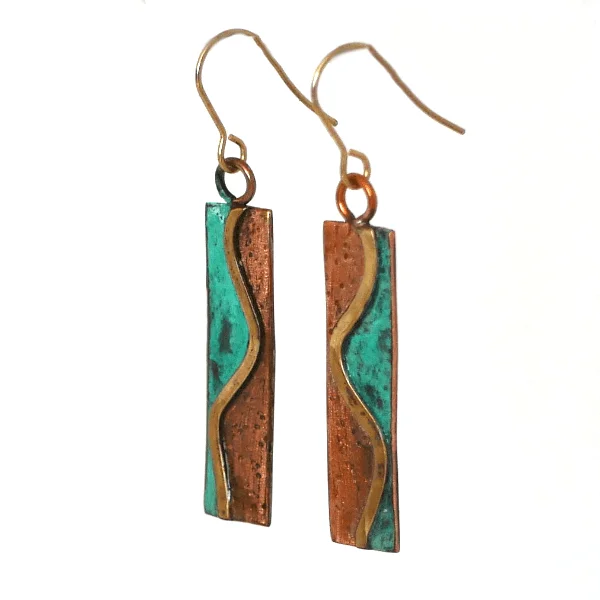 Geometric Copper Earrings with Bronze Wave - Image 2