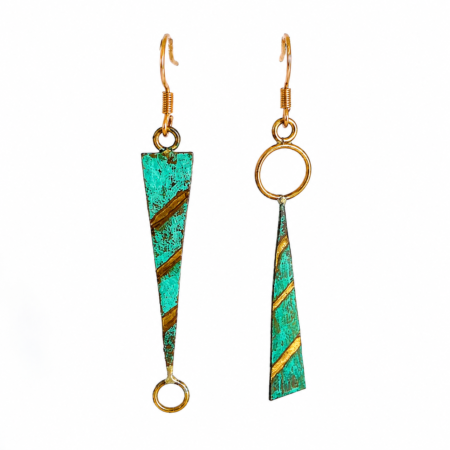 Asymmetrical bronze earrings handcrafted from reclaimed bronze with copper accents and turquoise fire patina.