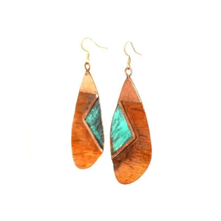 Blue copper turquoise earrings handcrafted from reclaimed copper with geometric turquoise patina details and hammered textures.