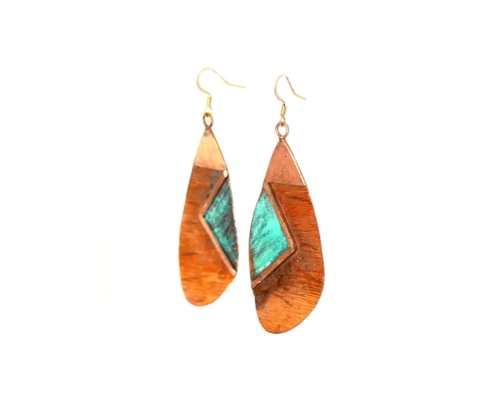 Blue copper turquoise earrings handcrafted from reclaimed copper with geometric turquoise patina details and hammered textures.