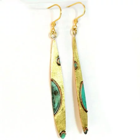 Bronze long oval earrings handcrafted from reclaimed bronze with copper half-circle accents and turquoise fire patina