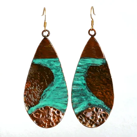 Copper long earrings handcrafted from reclaimed copper with layered half-round details and a blue patina finish.