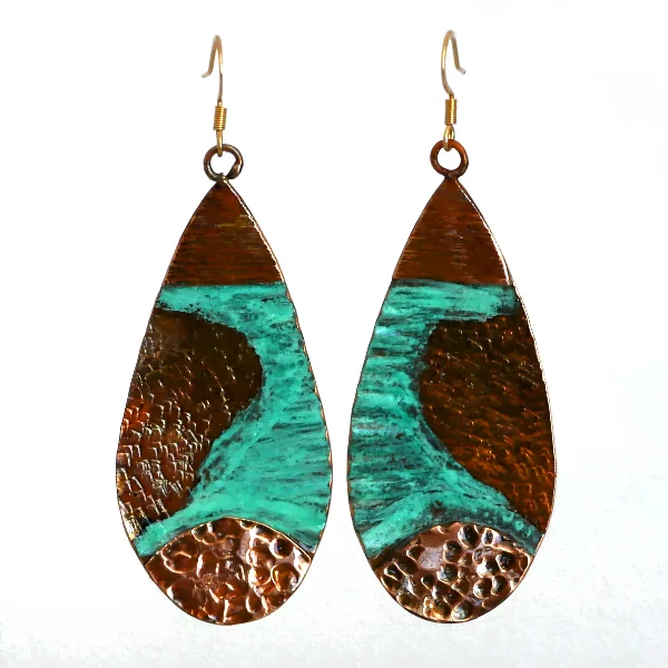 Copper long earrings handcrafted from reclaimed copper with layered half-round details and a blue patina finish.