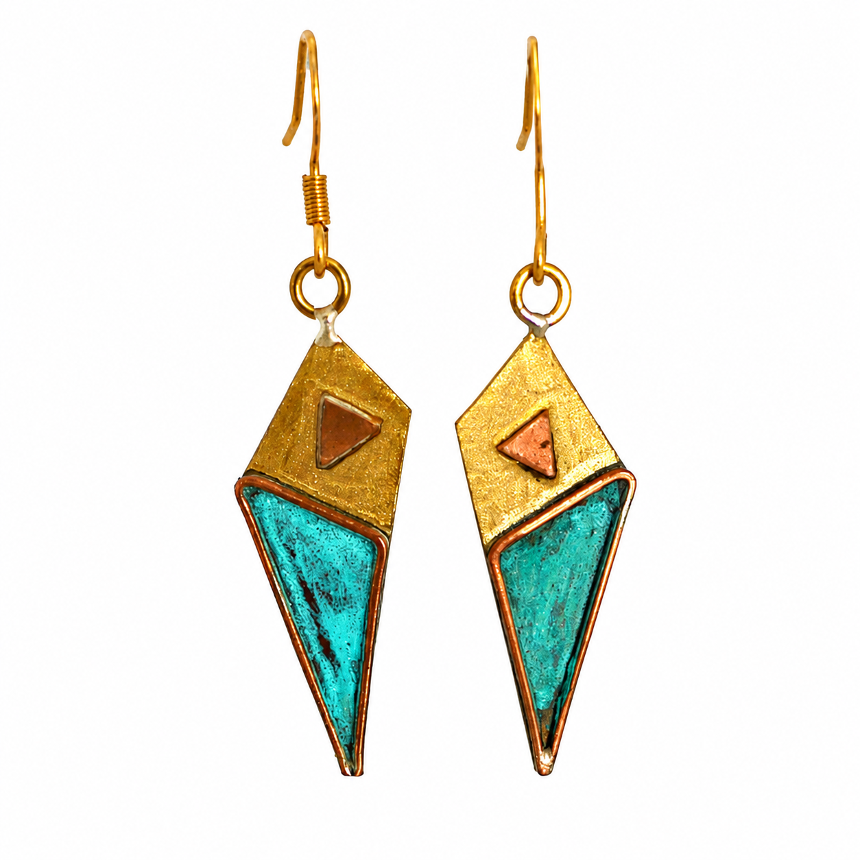 Geometric bronze earrings handcrafted from reclaimed bronze with delicate copper accents and turquoise patina.