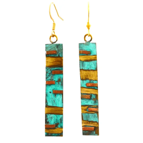 Bronze bar earrings handcrafted from reclaimed bronze and copper with copper inlays and turquoise patina.