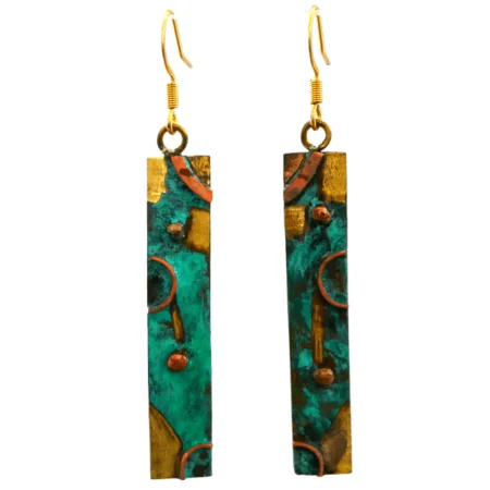 Bronze rectangle earrings handcrafted from reclaimed bronze and copper with copper circles and turquoise patina