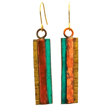 Rectangle copper earrings handcrafted from reclaimed copper and bronze with hand-hammered textures and turquoise fire patina.