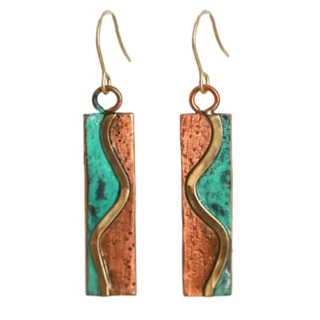 Geometric copper earrings handcrafted from reclaimed copper and bronze with a bronze wave and turquoise patina.