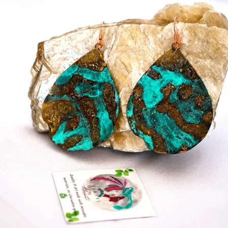 Large handmade boho dangle earrings crafted from reclaimed copper and bronze with textured patina finish in San José del Cabo.