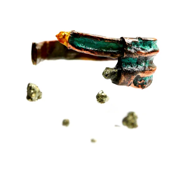 Extravagant reclaimed copper cuff made from plumbing joints with bright fire patina, claw detail, clasp closure, and lapis lazuli and agate accents