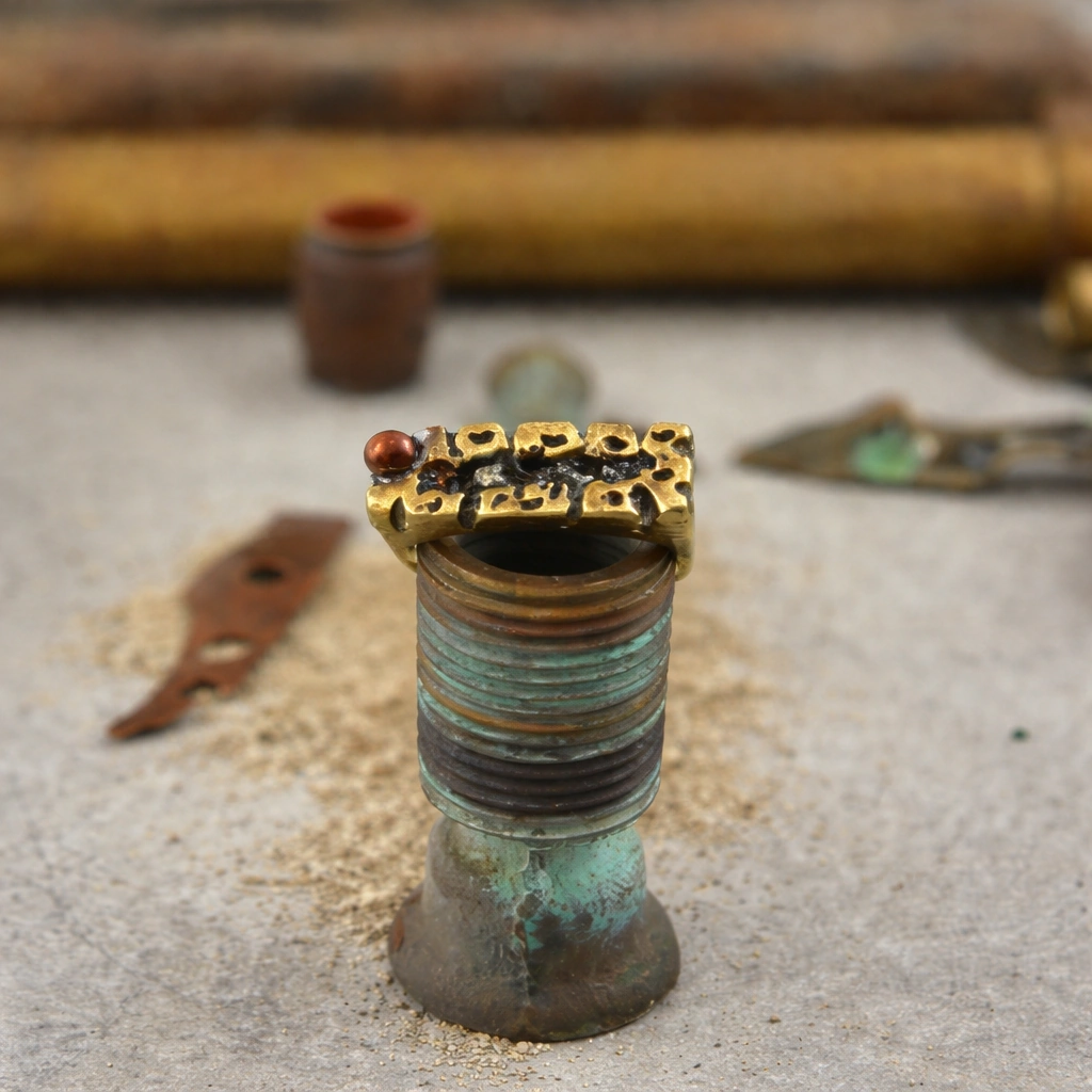 Robust handmade cast bronze ring with a copper ball accent and front grooves filled with pyrite powder, showing reclaimed metal marks and artisanal character