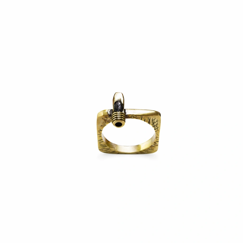 Square handmade bronze ring with small aventurine stone, set in a reclaimed pilot tube bezel, with rustic marks and artisanal character